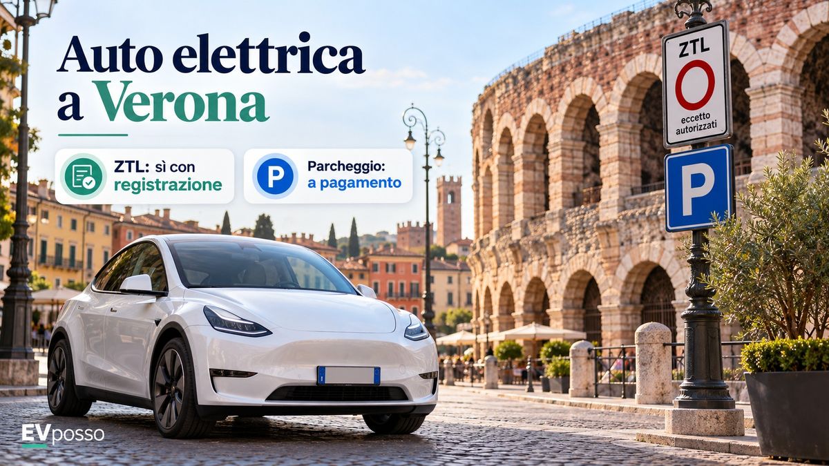 Auto elettrica a Verona vicino all'Arena con indicazioni su ZTL con registrazione e parcheggio a pagamento