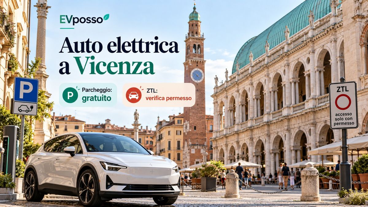 Auto elettrica a Vicenza davanti alla Basilica Palladiana con indicazioni su parcheggio gratuito e ZTL con permesso