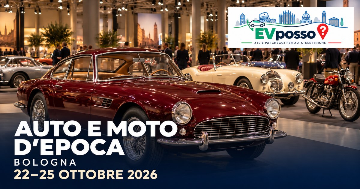 Copertina EVposso con illustrazione generata: AUTO E MOTO D’EPOCA, BOLOGNA. 22–25 OTTOBRE 2026.