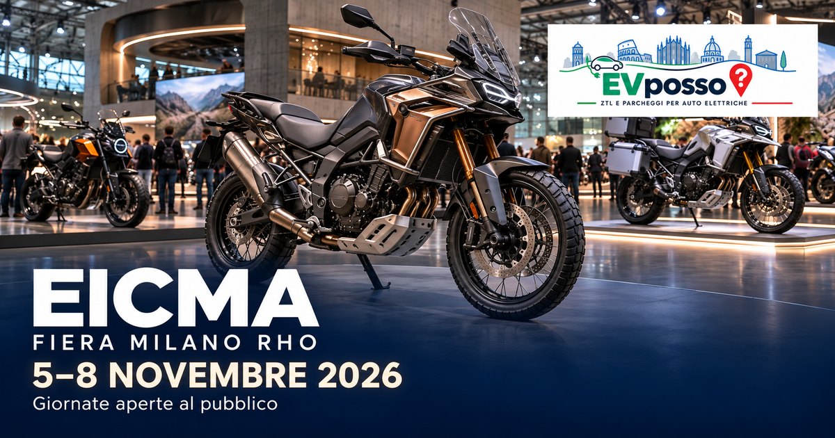 Copertina EVposso con illustrazione generata: EICMA, FIERA MILANO RHO. 5–8 NOVEMBRE 2026. Giornate aperte al pubblico.
