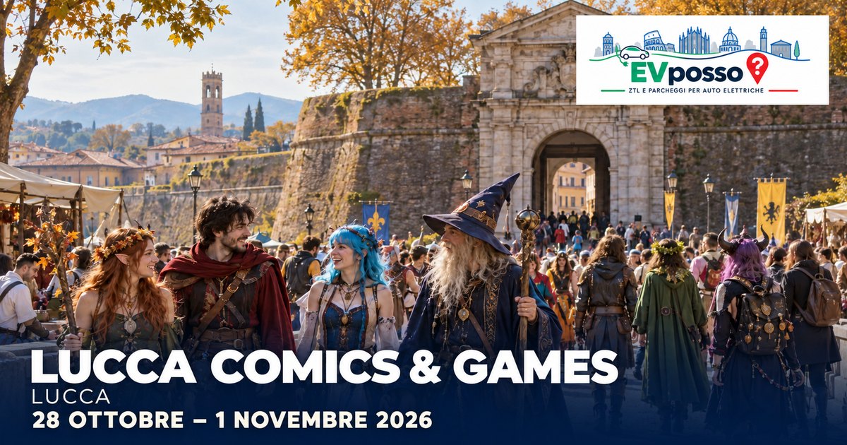 Copertina EVposso con illustrazione generata: LUCCA COMICS & GAMES, LUCCA. 28 OTTOBRE – 1 NOVEMBRE 2026.