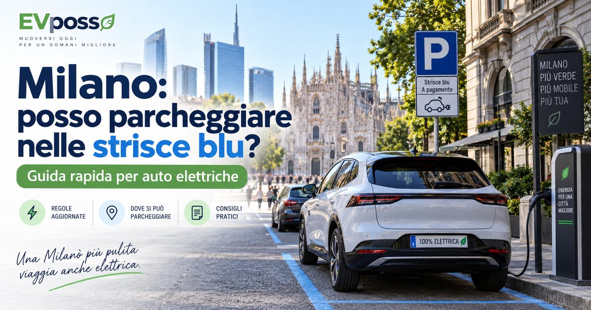 Milano: auto elettrica parcheggiata nelle strisce blu con il Duomo sullo sfondo.