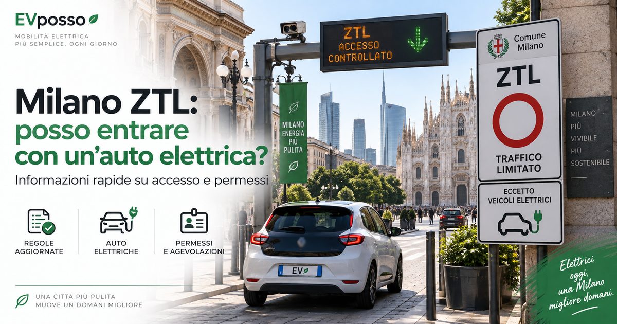 Milano: varco ZTL con auto elettrica e Duomo sullo sfondo.