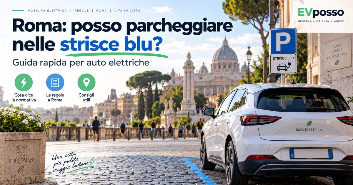 Roma: auto elettrica parcheggiata sulle strisce blu con sfondo della città.