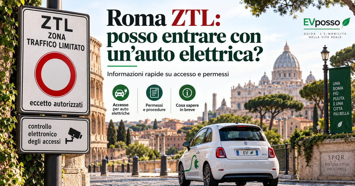 Roma: varco ZTL con auto elettrica e panorama della città.